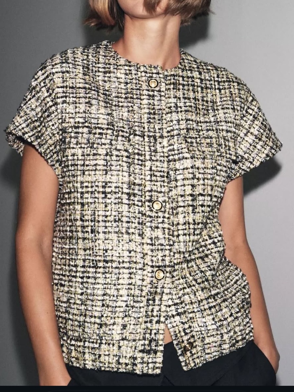 Zara Short-Sleeve Tweed Button-Front Top in Black and Cream